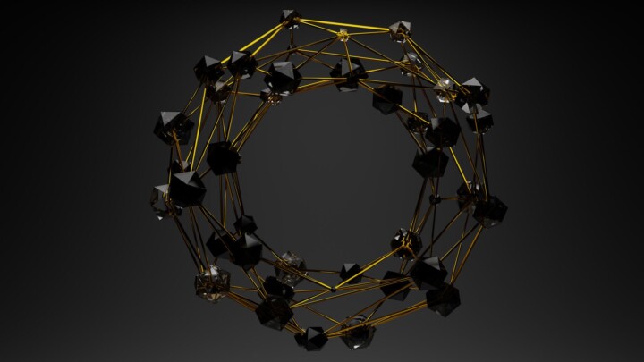 3D abstract geometric structure with gold lines and black polygons on a dark background.