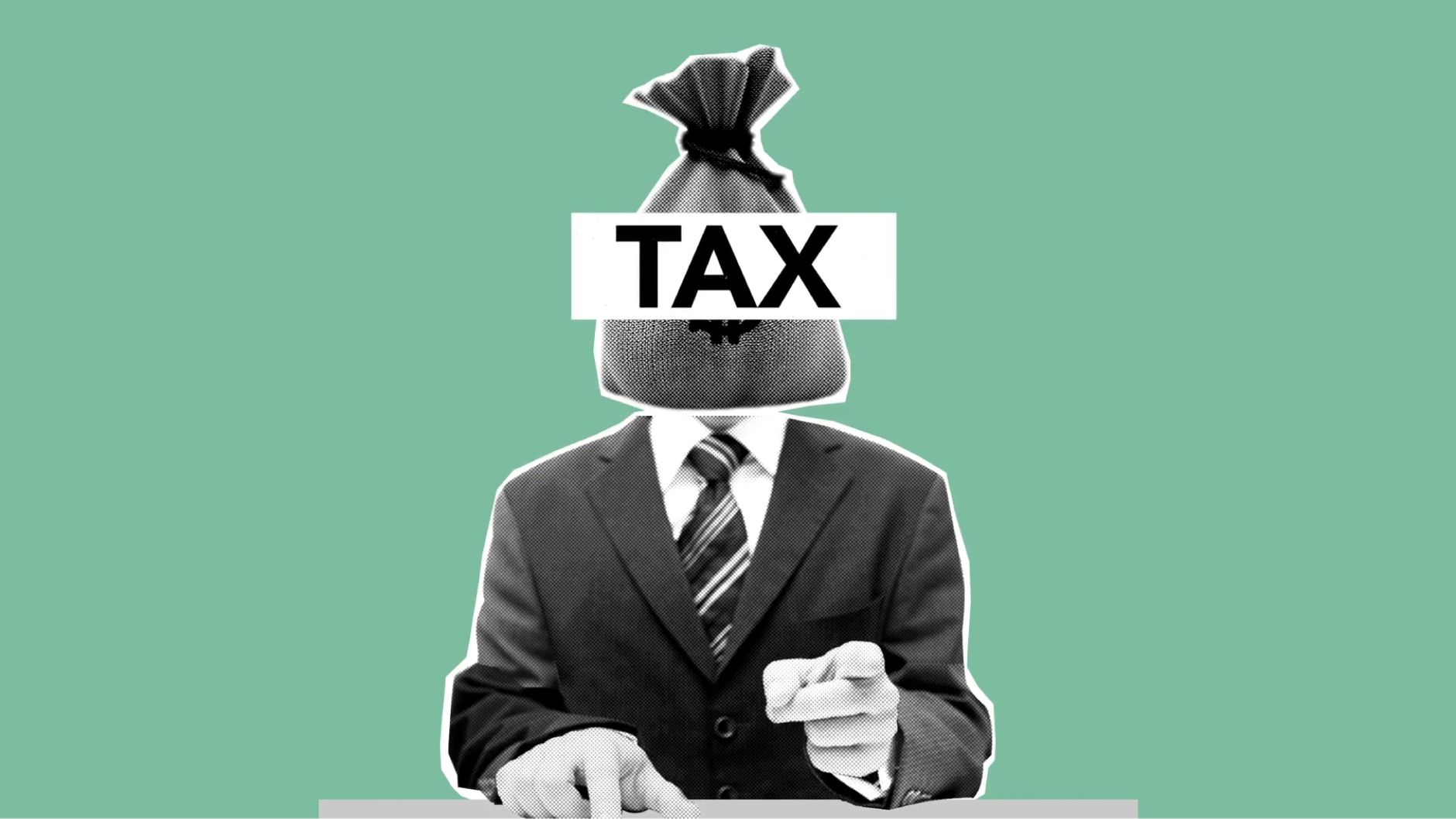 Concept illustration of man with money bag instead of head in suit representing financial concept on green background